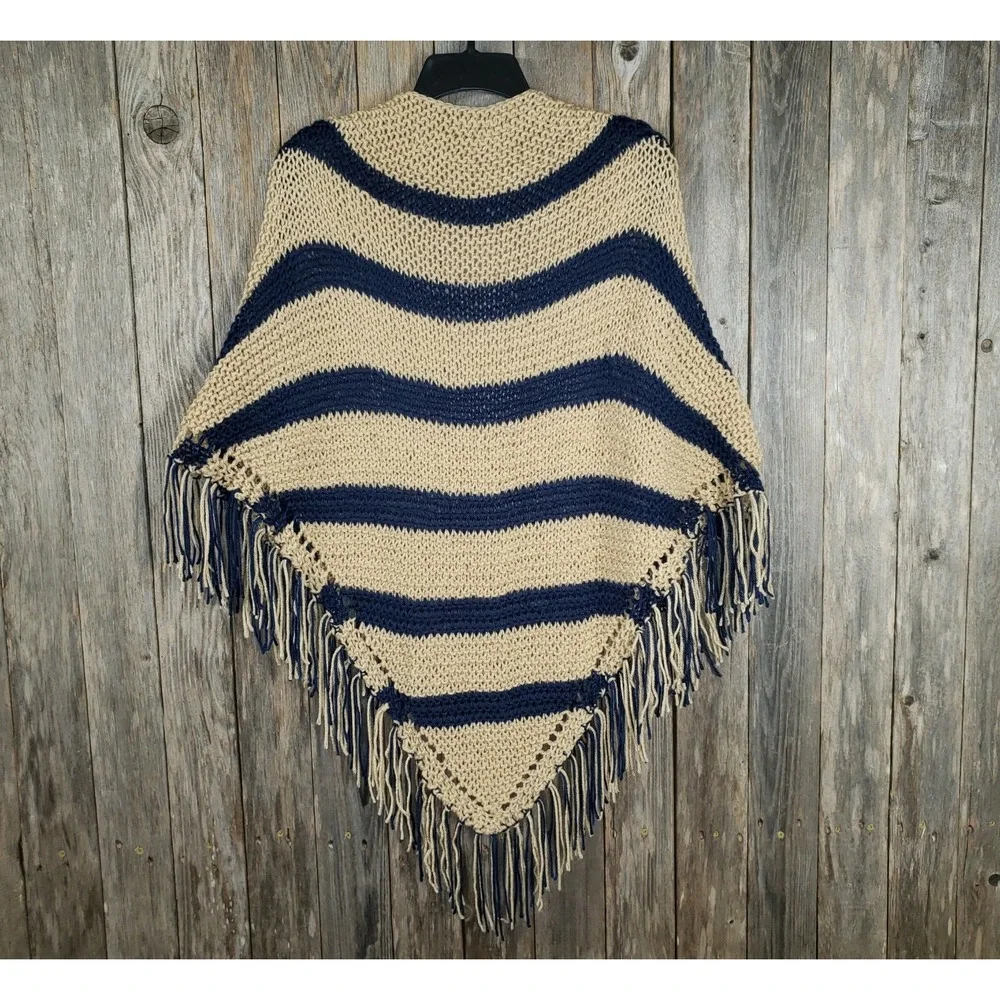 NEW Blue Beige Hand Knitted Shawl Wrap Scarf Boho Hippie‎ Coastal Indie Artsy